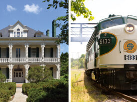Historic house in downtown Salisbury, NC, and a train at the Salisbury train station.