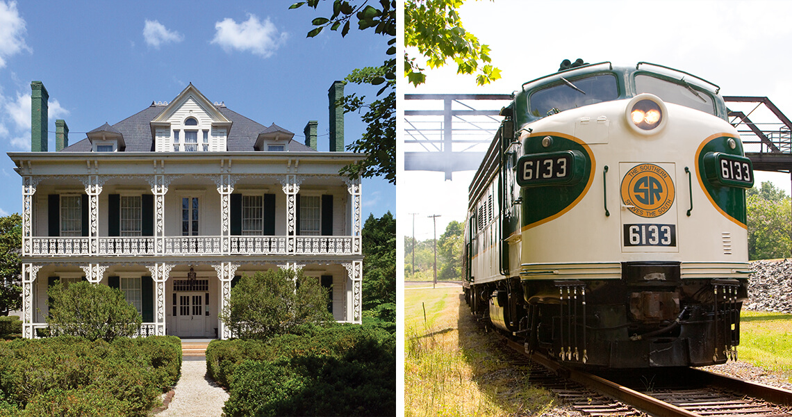 Historic house in downtown Salisbury, NC, and a train at the Salisbury train station.