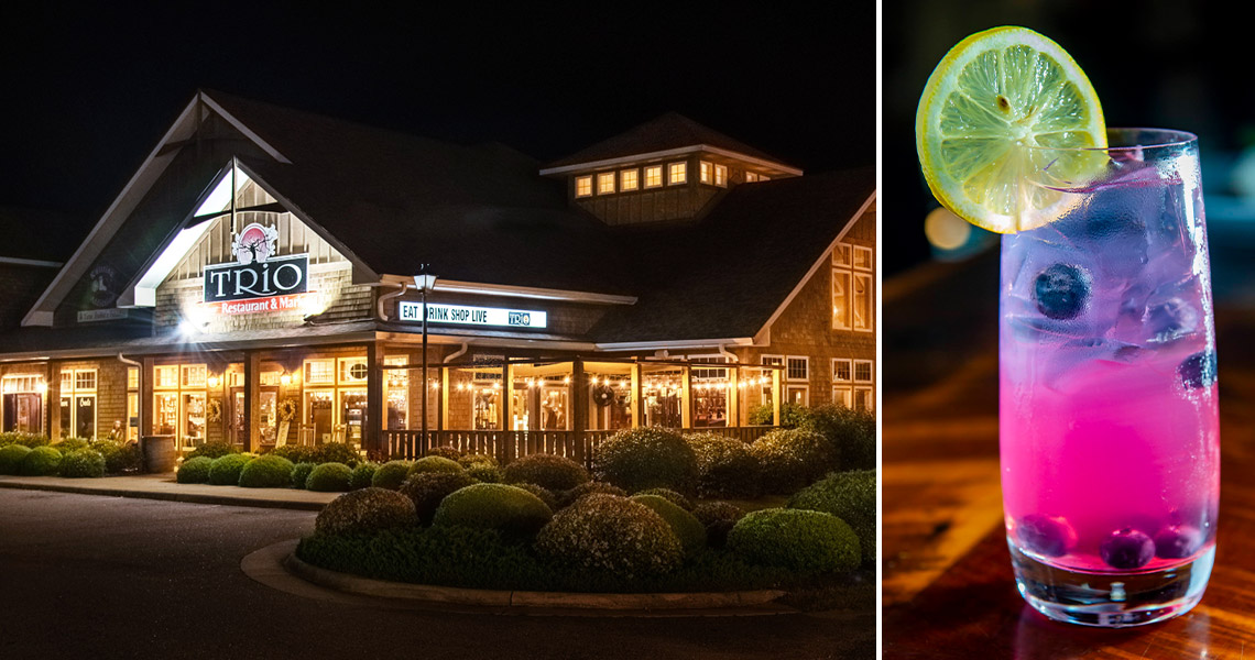 TriO Restaurant & Market exterior, lemon-lavender cocktail