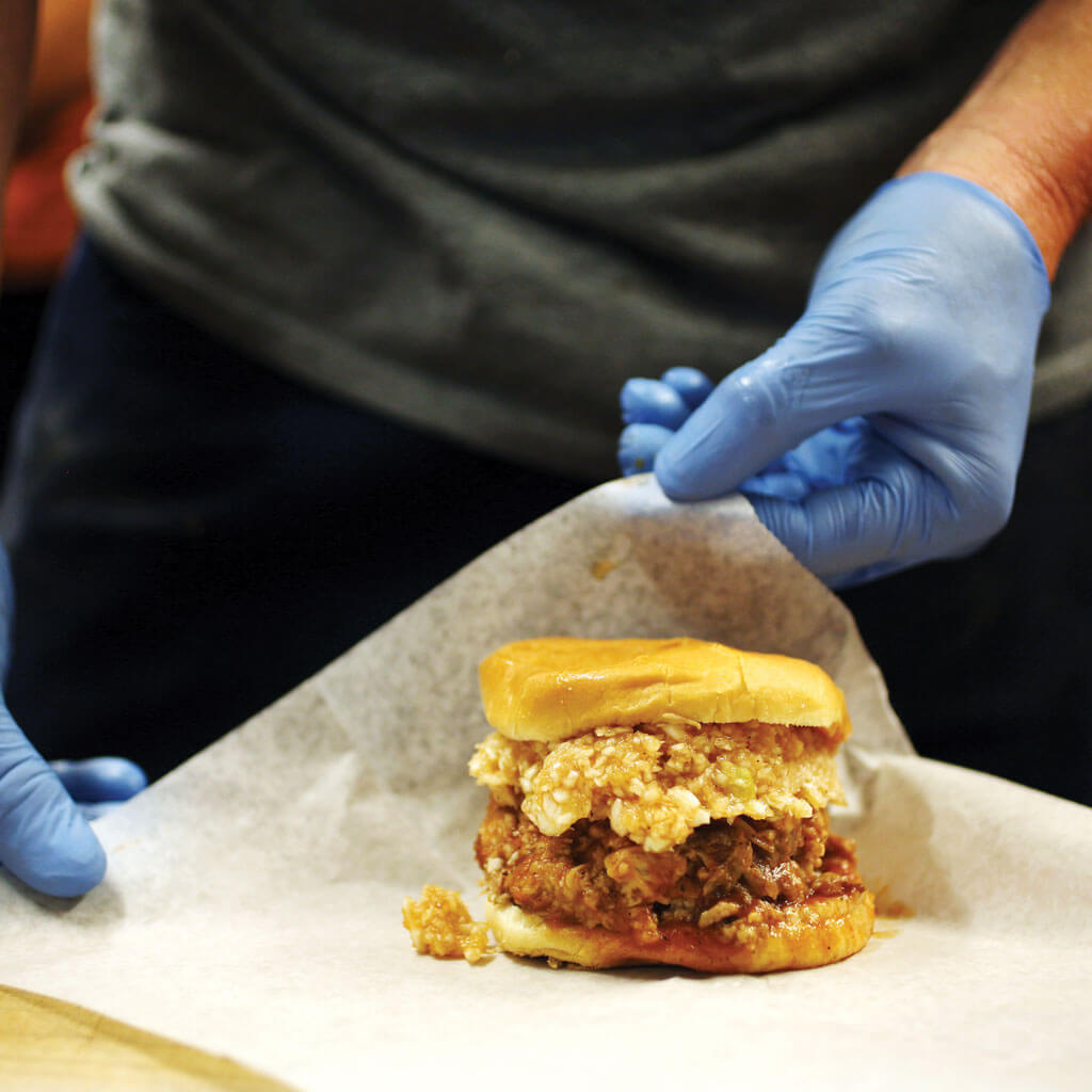 An overloaded sandwich from Speedy’s Barbecue in Lexington, North Carolina