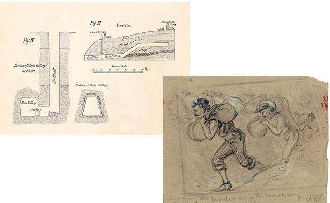 Diagrams show the shaft that the Union Army spends a month digging under the Confederate breastworks. Once complete, soldiers carry grain bags filled with gunpowder into the mine. • Diagram from Battles and Leaders of the Civil War, Volume 4 by Century Magazine, Edited by Robert Underwood Johnson and Clarence Clough Buel; Sketch courtesy of of the Library of Congress.