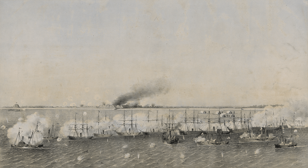 Union gunboats bombard Fort Fisher as Confederate troops futiley return fire. What began on Christmas Eve culminates in two battles — and almost three weeks — later in a rout by Union forces. Image courtesy of The Library of Congress.