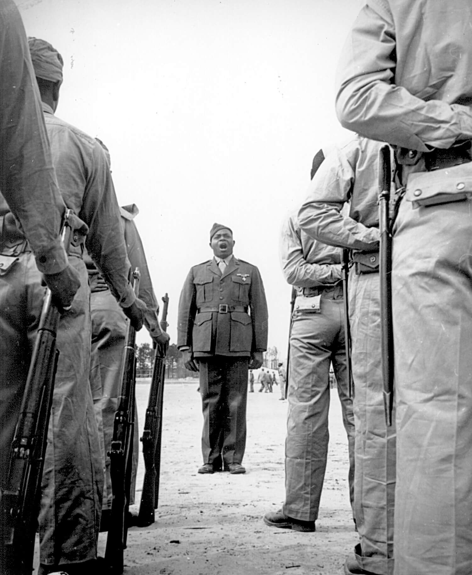 In 1943, Sgt. Maj. Gilbert “Hashmark” Johnson — so nicknamed for his many service stripes — became one of the first black drill instructors in the Marine Corps. Camp Montford Point was later renamed for him.