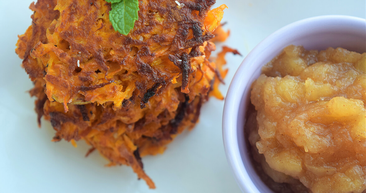Sweet Potato Latkes with Cinnamon Honeycrisp Applesauce