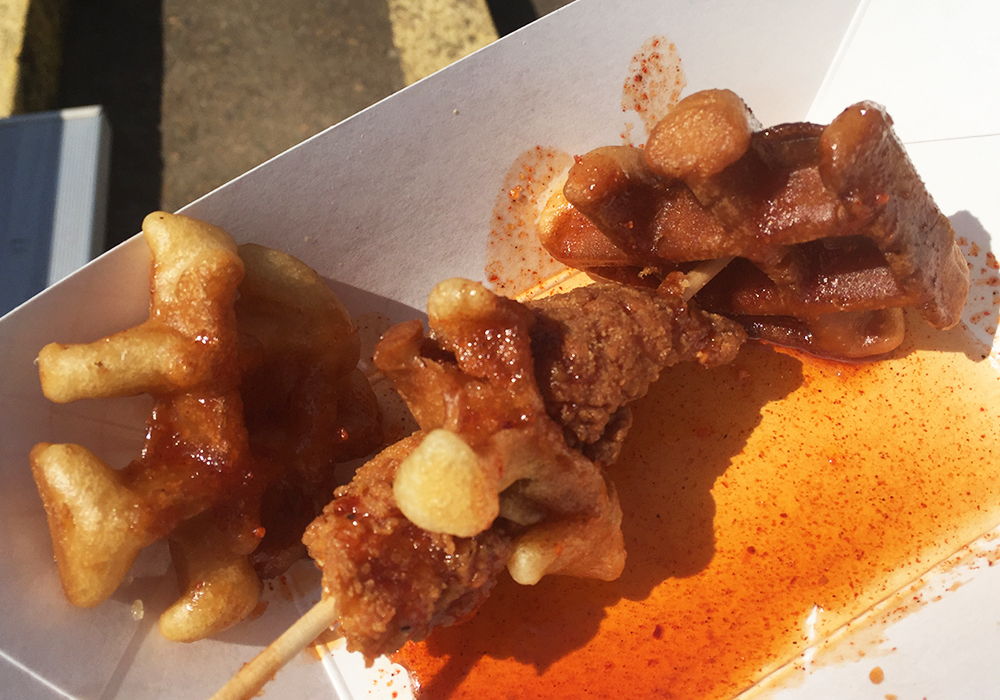 Chicken and Waffle Kabobs with Sriracha Syrup