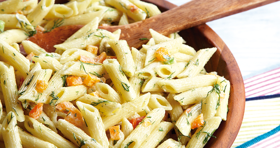 Bowl of penne pasta salad
