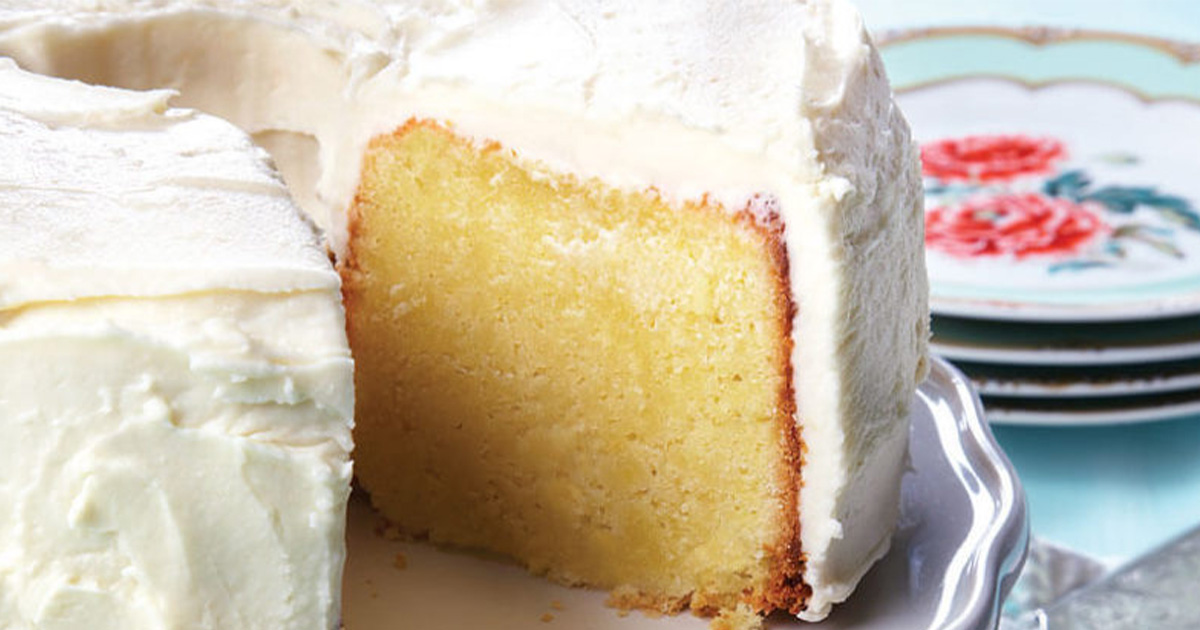 Buttermilk pound cake topped with frosting