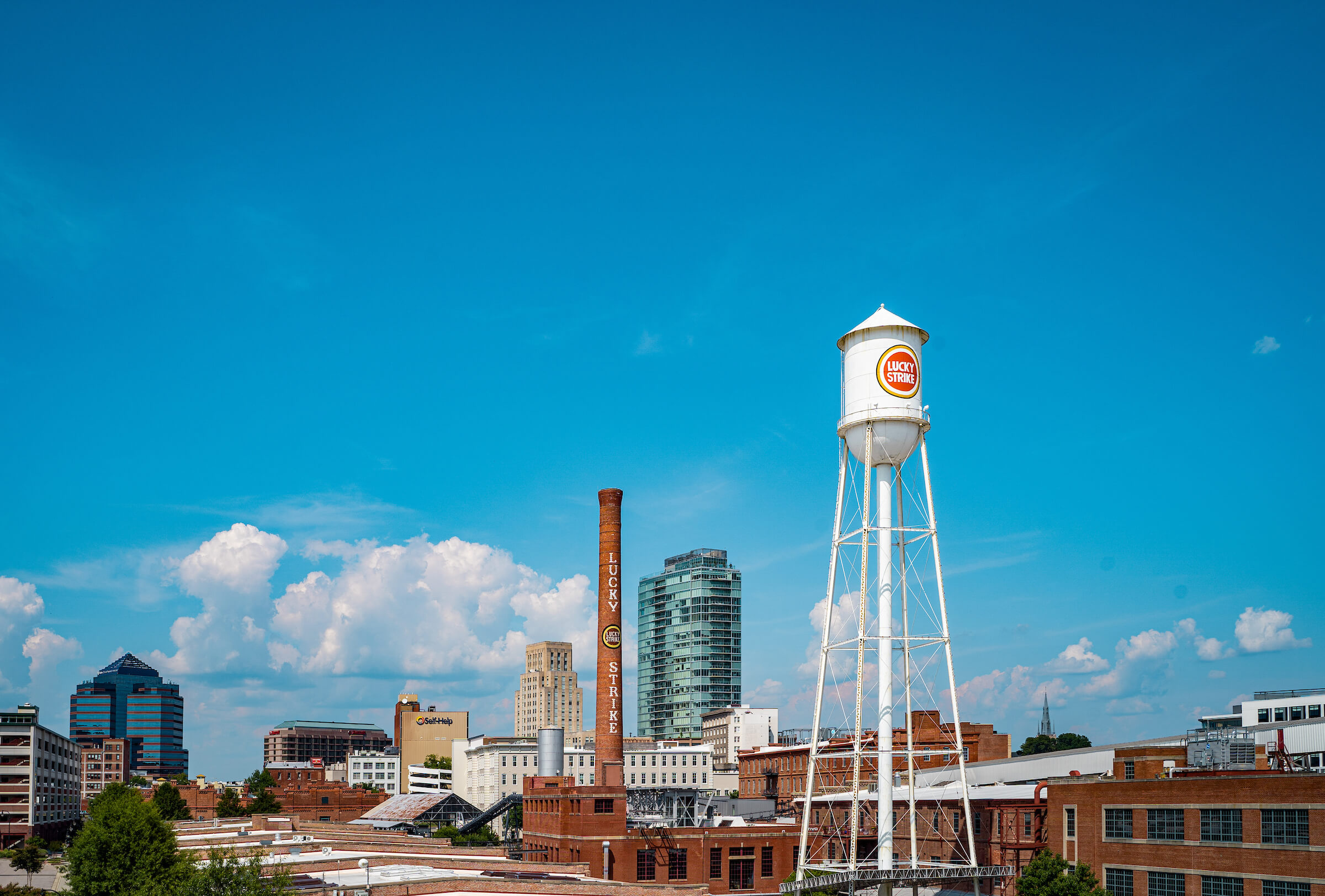 Durham sky line with Lucky Strike water tower.