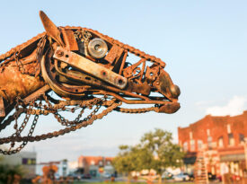 Scrap metal camel sculpture.