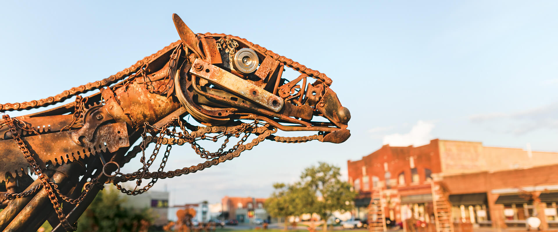 Scrap metal camel sculpture.