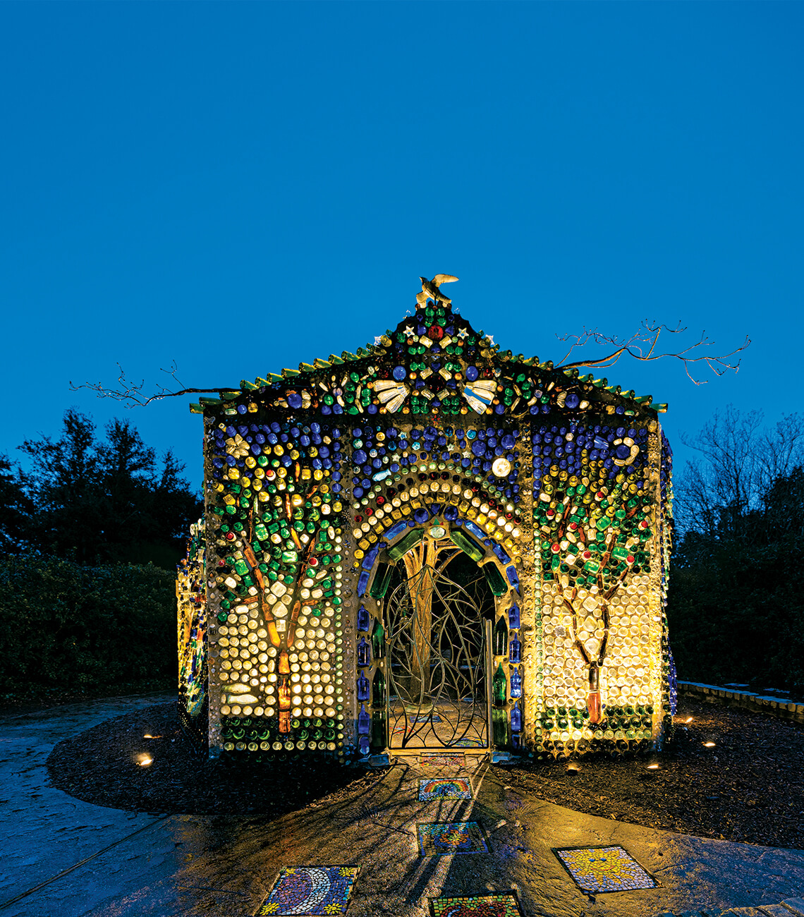 Night-time photograph of the Bottle Chapel.