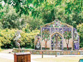 Broad photo of Arlie Gardens with sculptures.