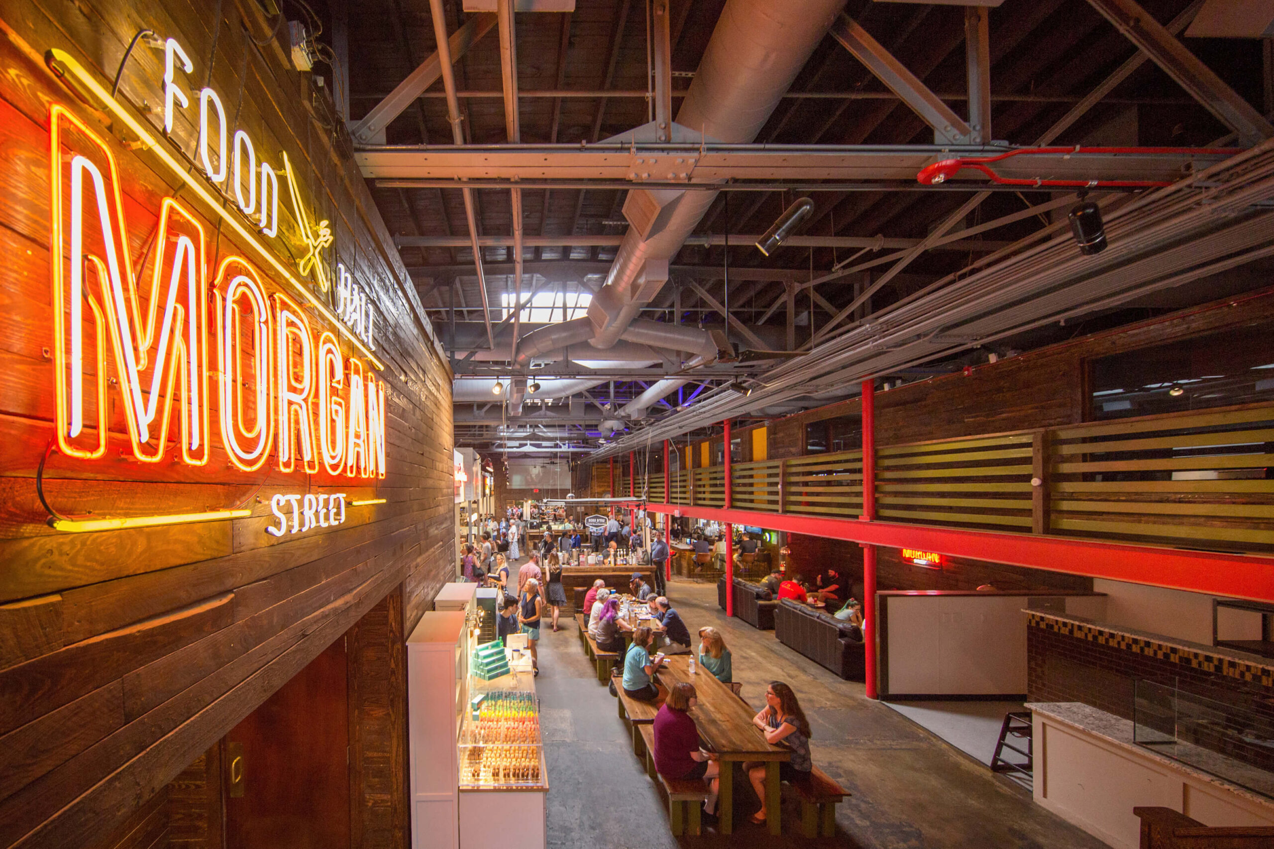 Interior of Morgan Street Food Hall, a short walk from Raleigh Union Station.