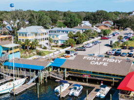Bird's eye view of Fishy Fishy Cafe and dock.