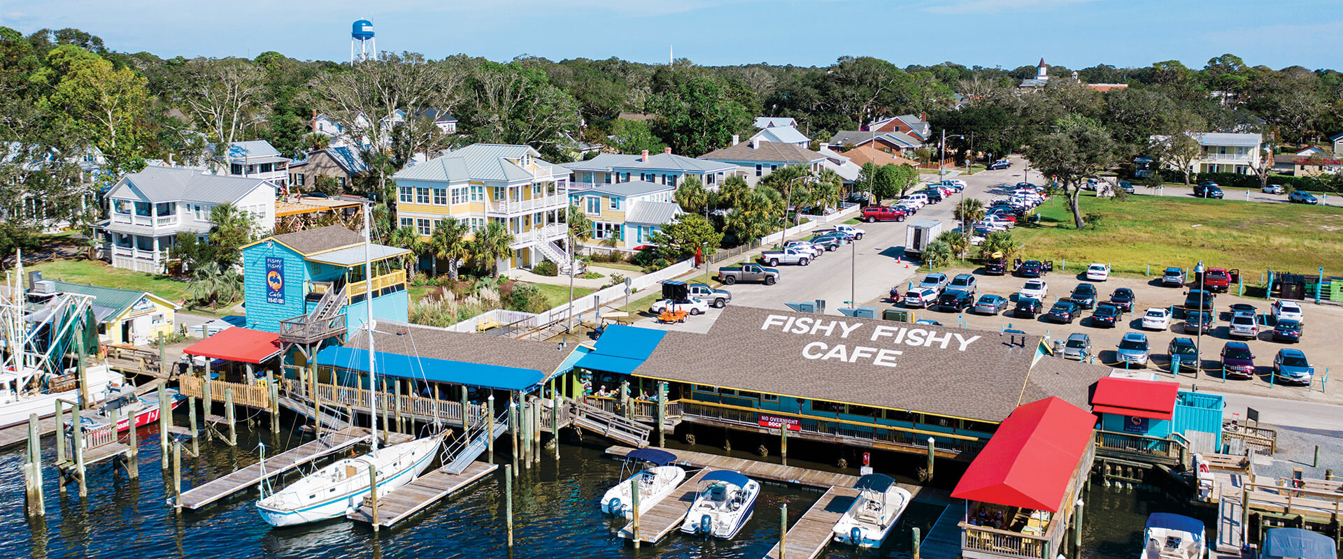 Bird's eye view of Fishy Fishy Cafe and dock.