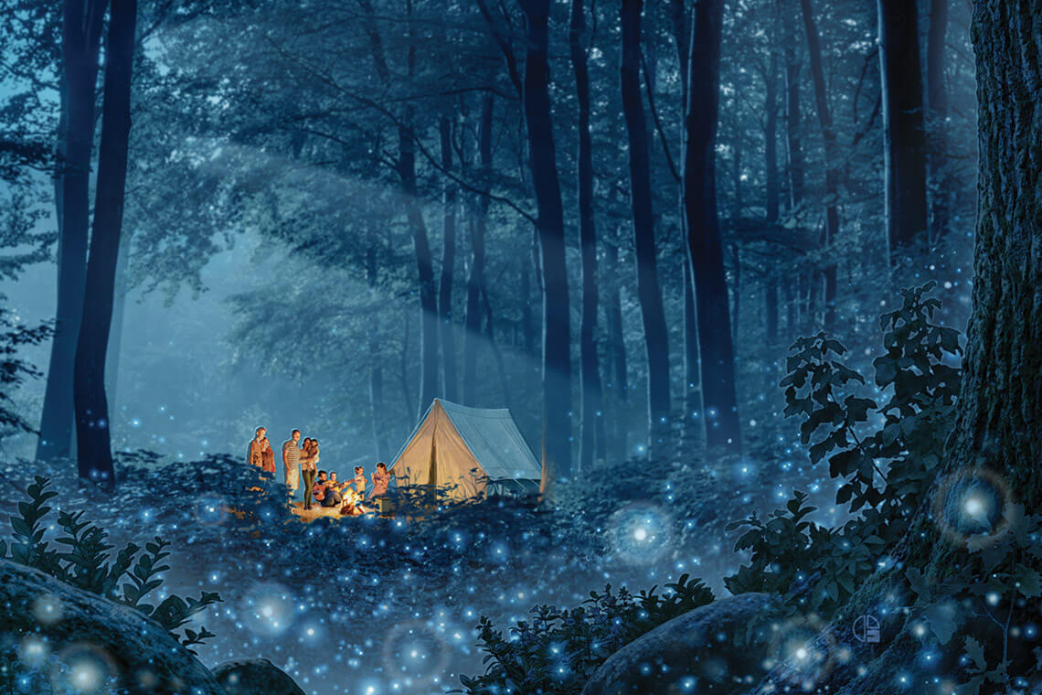 Camping in the woods surrounded by fireflies