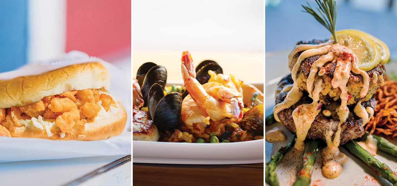 Shrimp burger, crab cakes, and bouillabaisse.