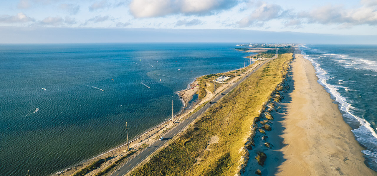 Birds-eye view of the stretch of NC Highway 12 along the Pamlico Sound