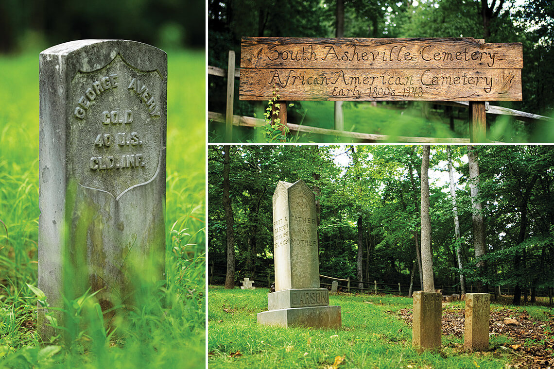 Gravestones at the South Asheville Cemetery, one of the early African American North Carolina cemeteries,Wooden sign reading: African American Cemetery Early 1800s-1943