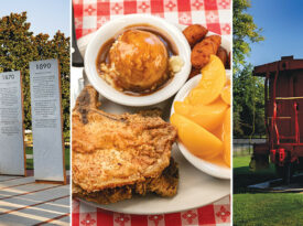 The red caboose, plate of fried pork chops with stewed apples and mac and cheese, and the entrance to downtown Garner North Carolina