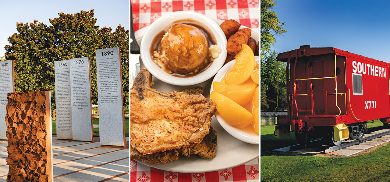 The red caboose, plate of fried pork chops with stewed apples and mac and cheese, and the entrance to downtown Garner North Carolina