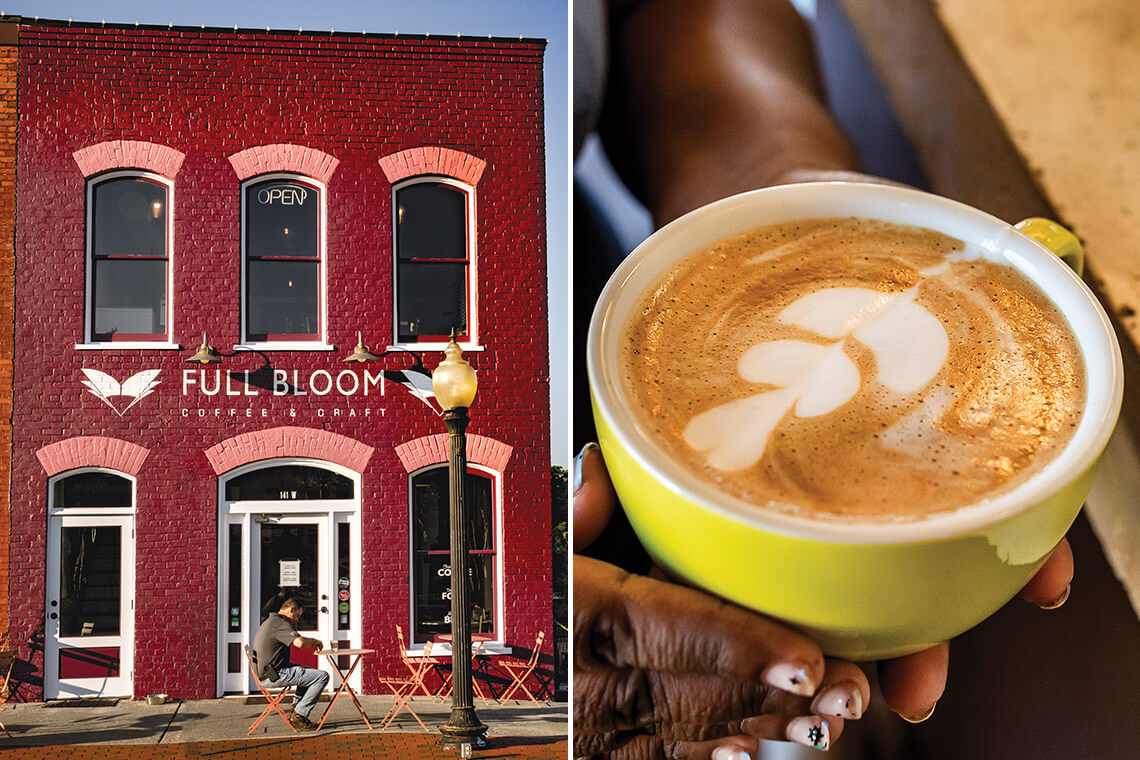 Full Bloom Cafe is a fire engine red-brick building; a latte from Full Bloom Coffee & Craft