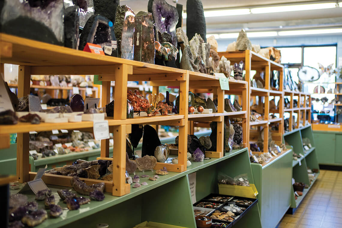 Shelves of crystals at Ruby City Gems