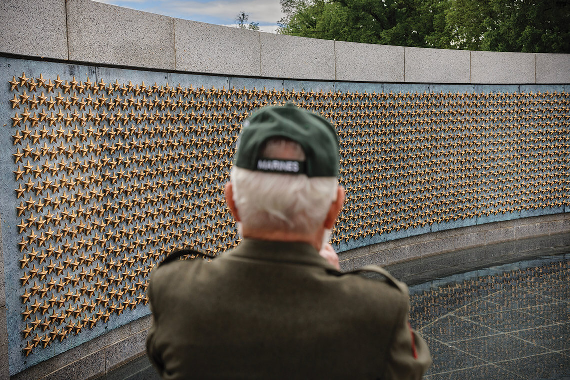 Marine veteran Don Thompson looks out over World War II Memorial in Washington DC