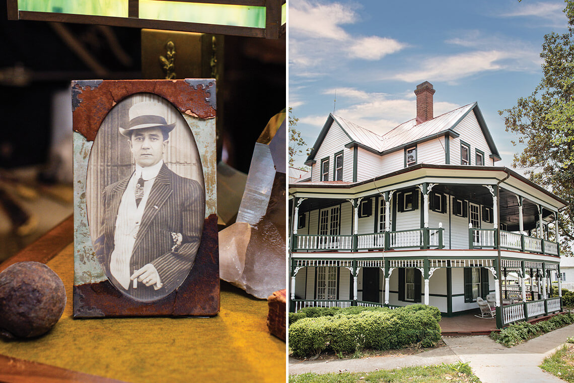 Black and white framed picture of James Paul Lucas and his former home-turned-museum.