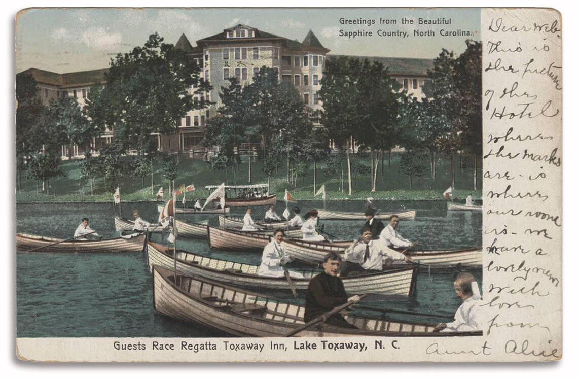 Vintage postcard featuring Guests Race Regatta at Toxaway Inn