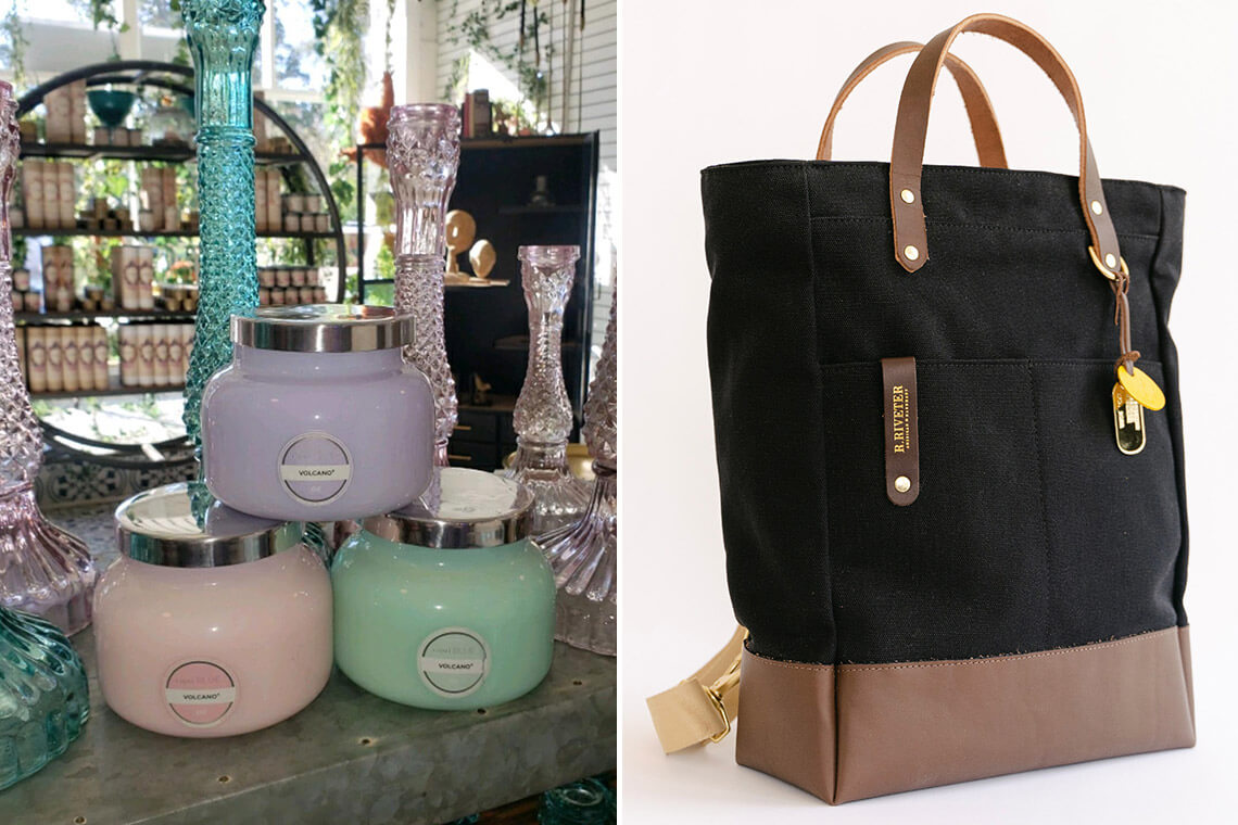 Stack of candles and purse.