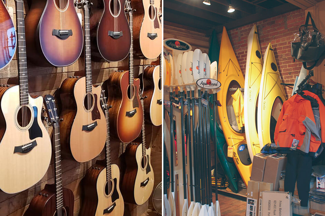 Wall of acoustic guitars and outdoor river gear at River Jack.