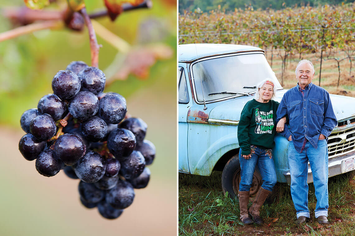 Cluster of grapes grown at Parker-Binns Vineyard; Karen Parker-Binns and Bob Binns pose next to a blue pickup truck.