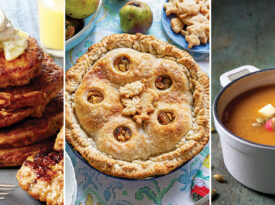 3 apple recipes, including apple buttermilk pancakes, apple cider dumpling pie, and butternut squash and apple soup