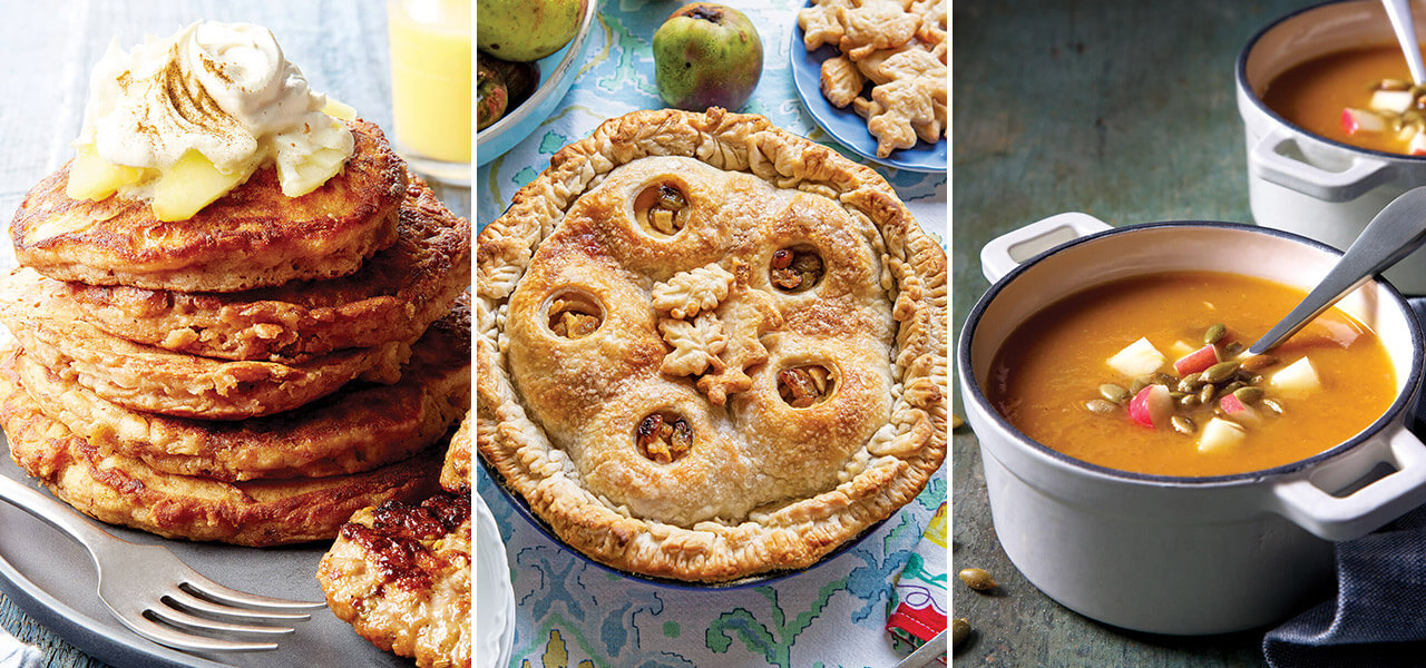 3 apple recipes, including apple buttermilk pancakes, apple cider dumpling pie, and butternut squash and apple soup