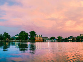 View of Elizabeth City across the water at dusk.