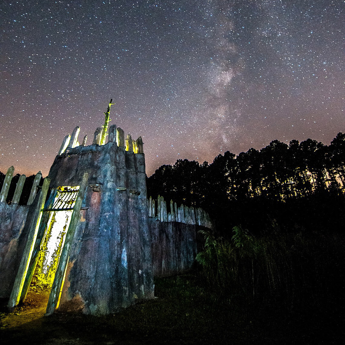 Town Creek Indian Mound at night.