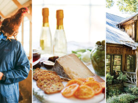Terry Braswell with chickens, Goat Lady Dairy cheese, and Partridge Nest cabin.