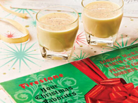 Two glasses of eggnog and a Firestone Christmas record.