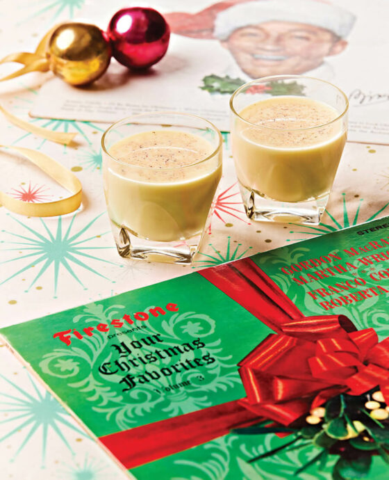 Two glasses of eggnog and a Firestone Christmas record.