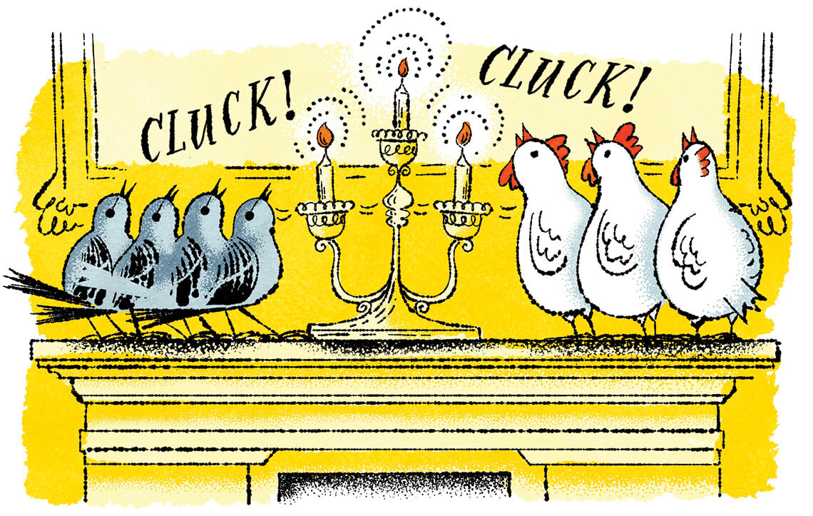 Cartoon of French hens and song birds.