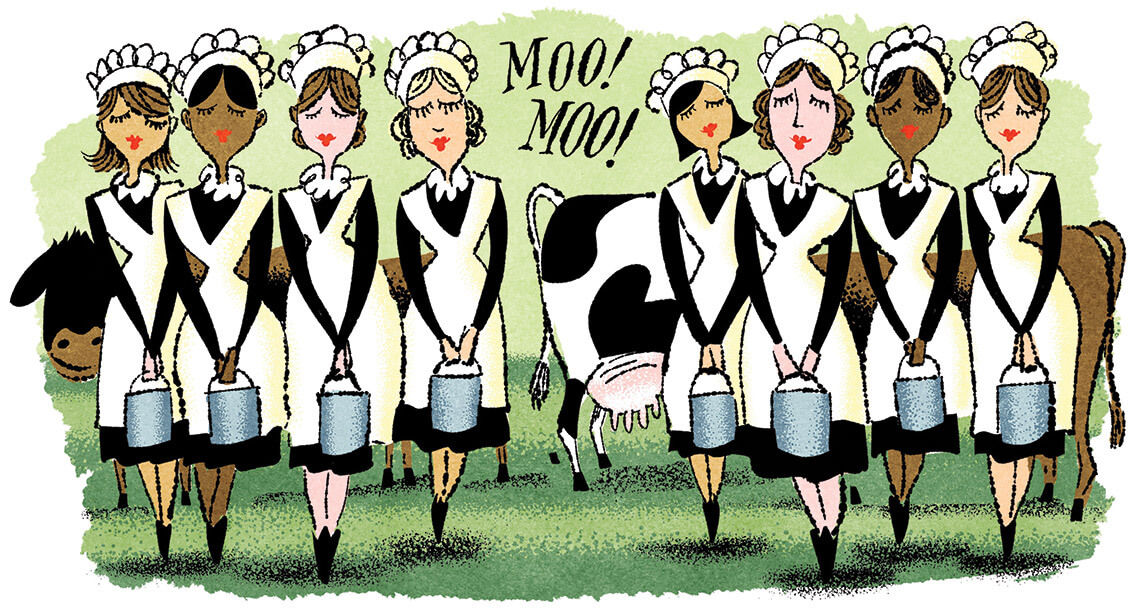 Cartoon of 8 maids milking cows.