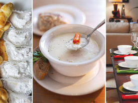 Greek cookies, avgolemono soup, and a holiday table setting.
