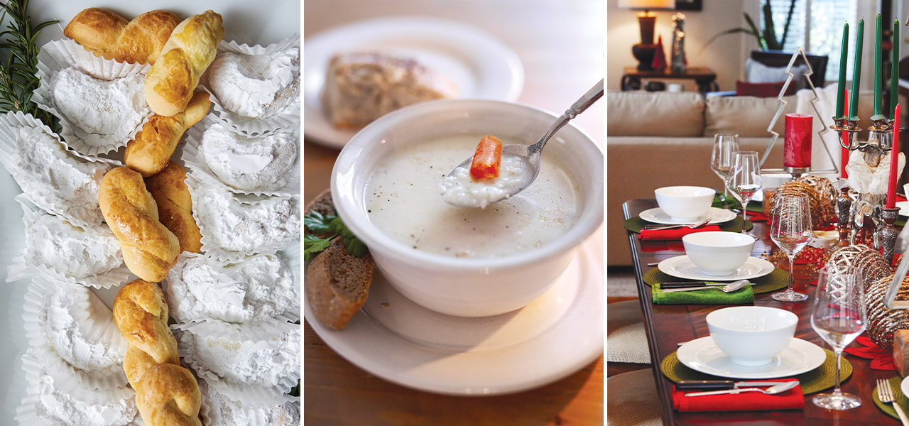 Greek cookies, avgolemono soup, and a holiday table setting.