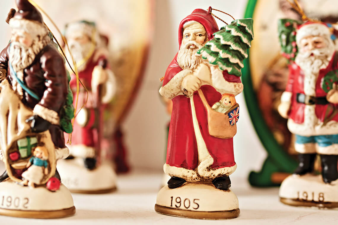 Santa figurines found within Reclamation, a shop in Pittsboro, NC
