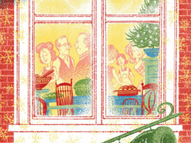 Vintage illustration of family gathered for Christmas