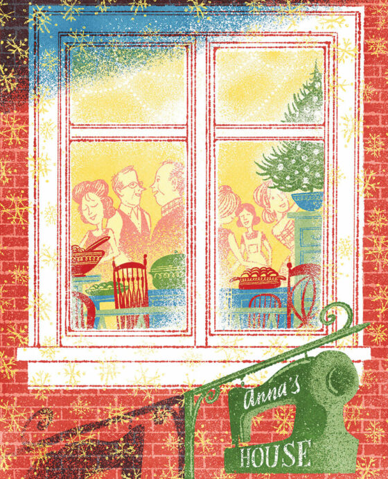 Vintage illustration of family gathered for Christmas