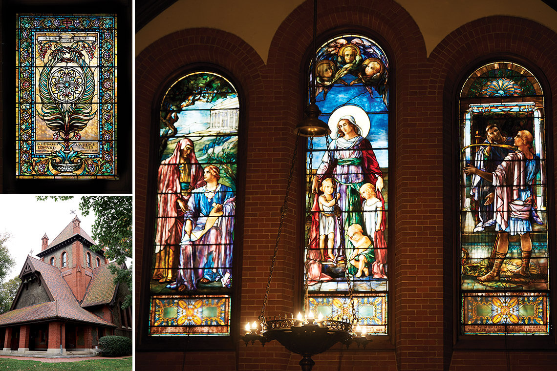 Stained glass windows and entry at the Cathedral of All Souls in Asheville, NC