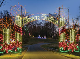Seasonings Greetings illuminated entryway at Tanglewood Park Festival of Lights