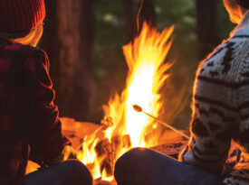 People roast s'mores by a fire